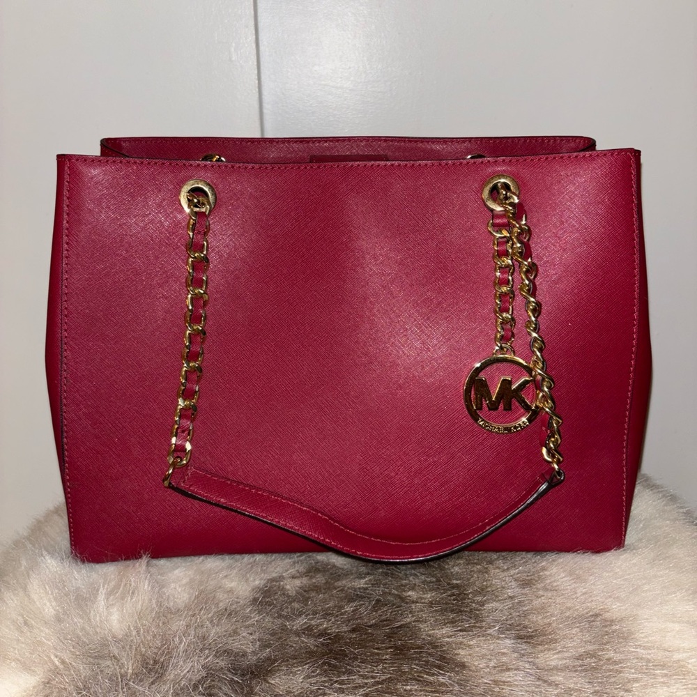 Michael Kors Susannah Cherry Red Large Tote with Gold Chain